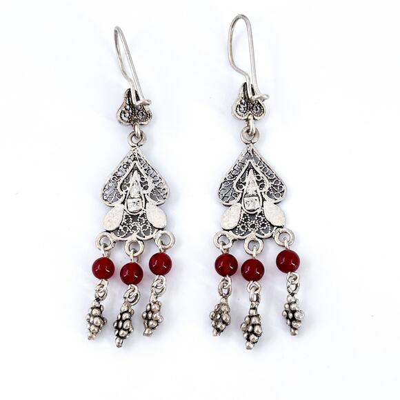 Vintage Sterling Silver 925 Carnelian Dangle Earrings | Boho Chandelier - Picture 5 of 8